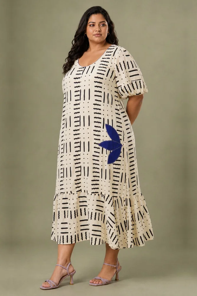 White Printed A-Line Embroidered Floral Midi Dress 2