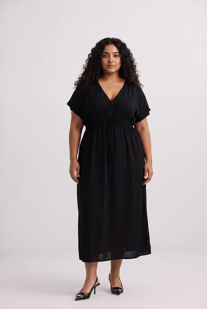 Oversized Gathered V-neck Maxi Dress in Black 3