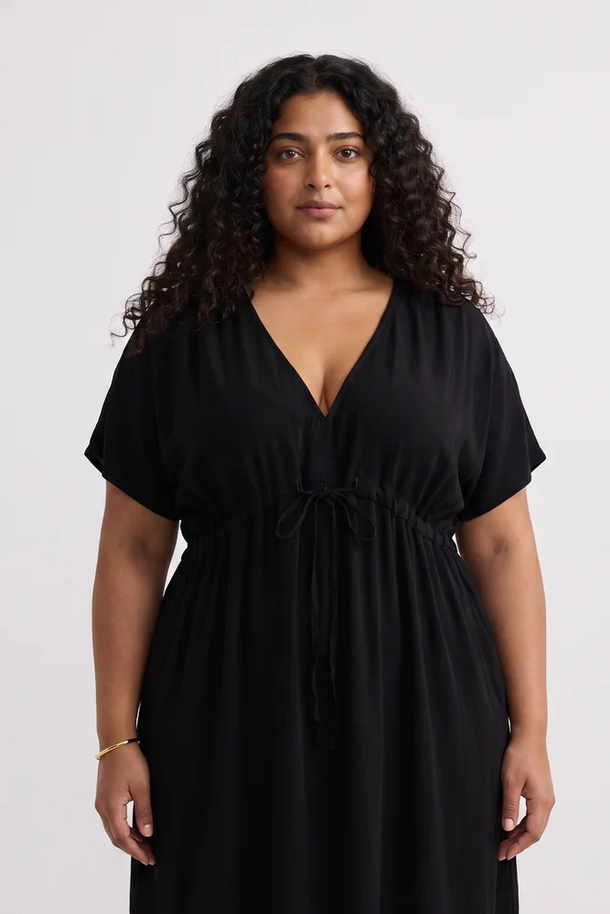 Oversized Gathered V-neck Maxi Dress in Black 4