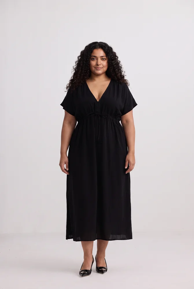 Oversized Gathered V-neck Maxi Dress in Black 2