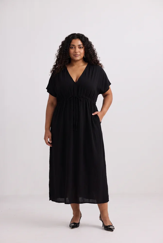 Oversized Gathered V-neck Maxi Dress in Black