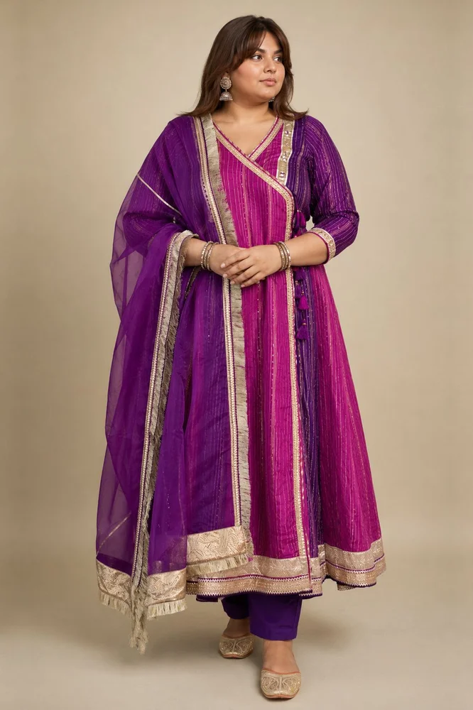 Purple Chanderi Ethnic Anarkali Set with Organza Dupatta & Gota-work