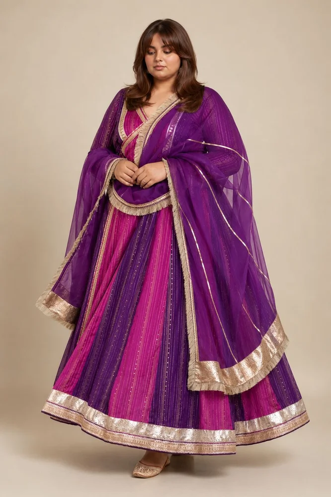 Purple Chanderi Ethnic Anarkali Set with Organza Dupatta & Gota-work 2