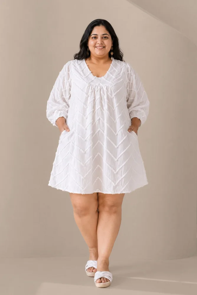 SUMMER SHIFT Embroidered White Chevron Dress