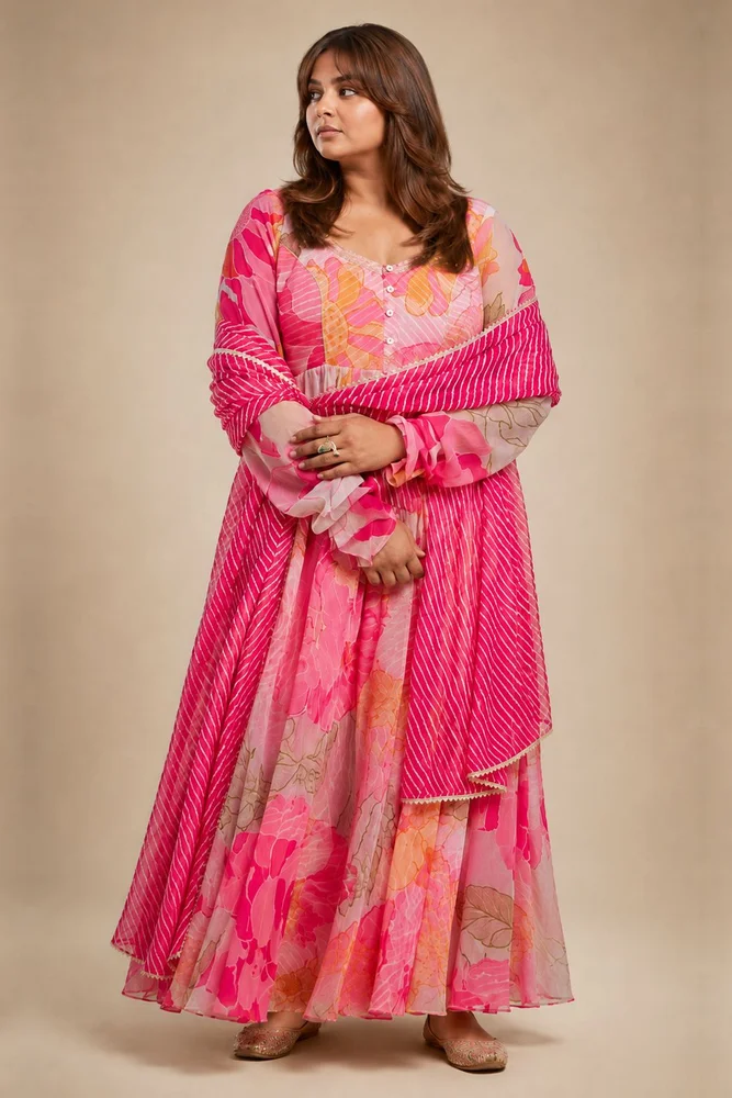 White & Pink Floral Chiffon Flared Anarkali Set with Leheriya Dupatta 5