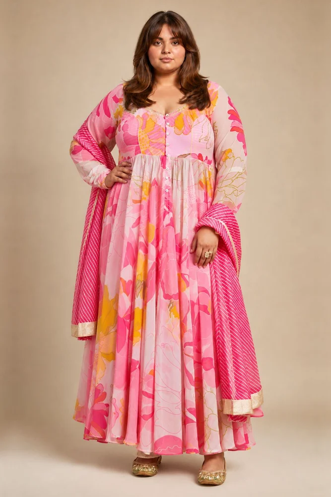 White & Pink Floral Chiffon Flared Anarkali Set with Leheriya Dupatta
