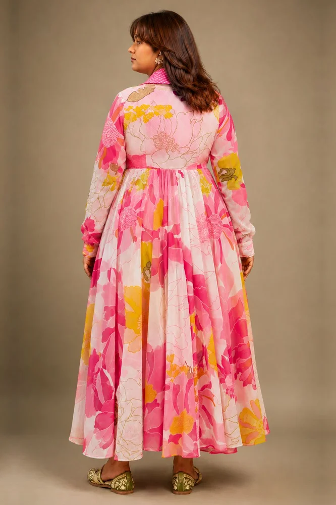 White & Pink Floral Chiffon Flared Anarkali Set with Leheriya Dupatta 6