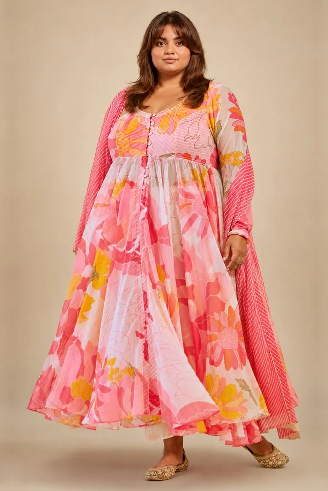 White & Pink Floral Chiffon Flared Anarkali Set with Leheriya Dupatta 3