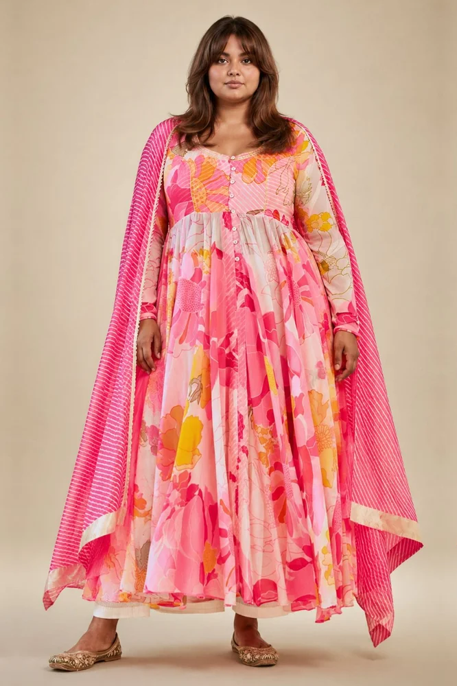 White & Pink Floral Chiffon Flared Anarkali Set with Leheriya Dupatta 4