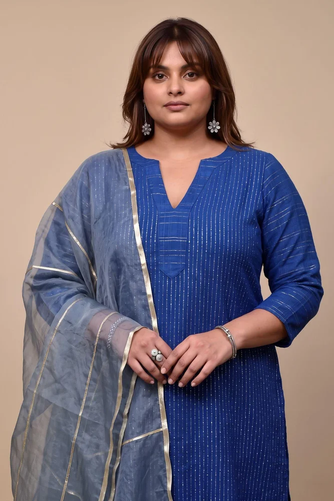 Blue Cotton Lurex Ethnic Kurta Set with Organza Dupatta 3