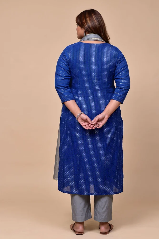 Blue Cotton Lurex Ethnic Kurta Set with Organza Dupatta 4