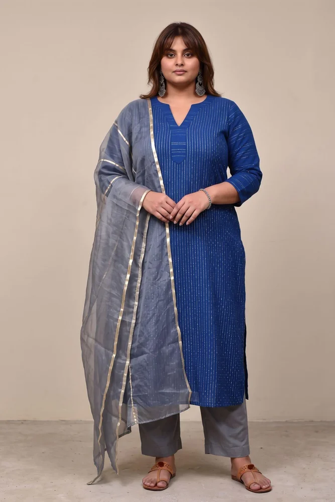 Blue Cotton Lurex Ethnic Kurta Set with Organza Dupatta