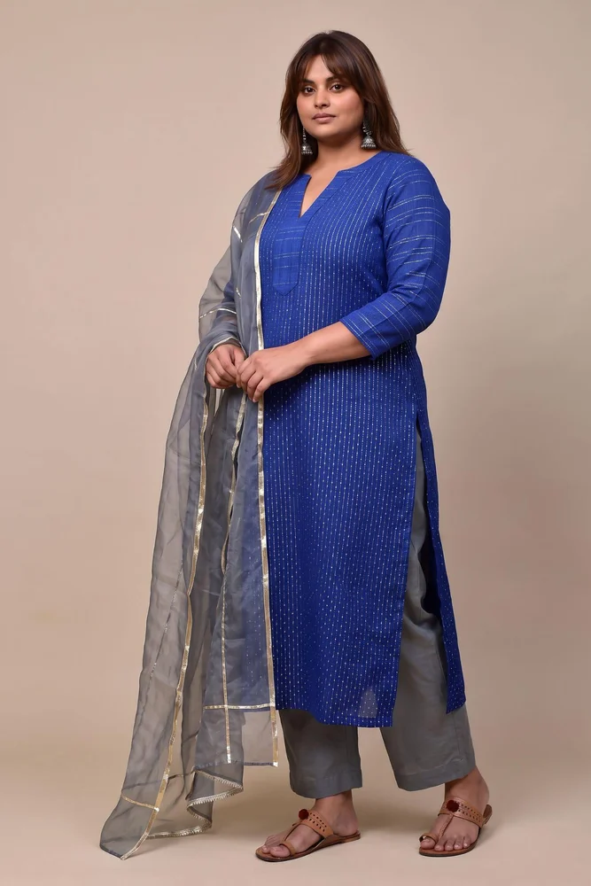 Blue Cotton Lurex Ethnic Kurta Set with Organza Dupatta 2