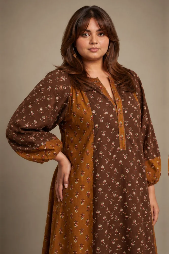 Brown & Olive Floral A-Line Kurta Paired With Matching Pants 4