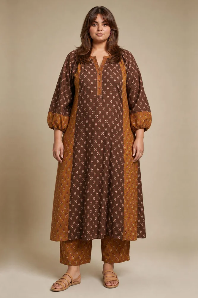Brown & Olive Floral A-Line Kurta Paired With Matching Pants