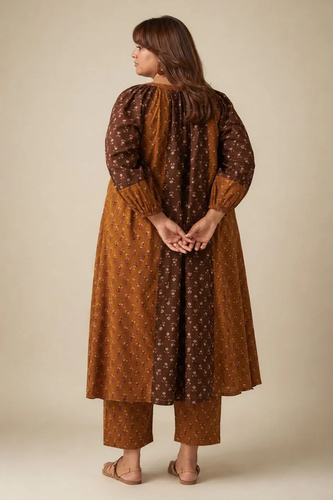 Brown & Olive Floral A-Line Kurta Paired With Matching Pants 5