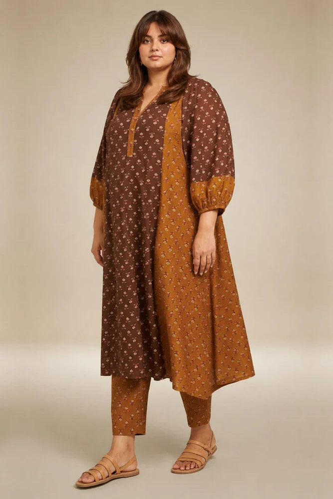 Brown & Olive Floral A-Line Kurta Paired With Matching Pants 3