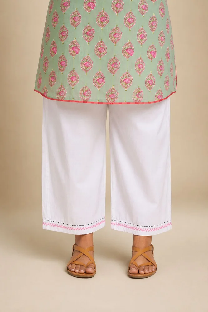 Mint Green Floral Short Kurta With Band Collar Paired With White Straight Pants 4