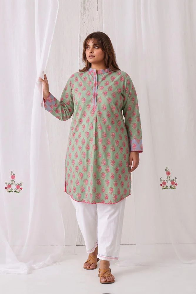 Mint Green Floral Short Kurta With Band Collar Paired With White Straight Pants