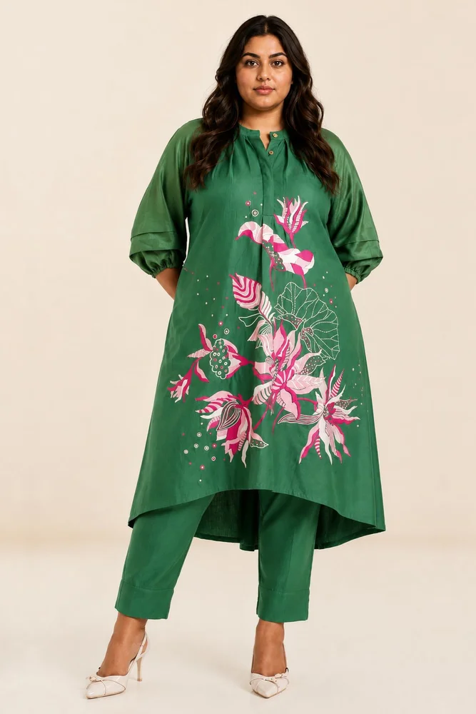 Pine Green Suvi Set - Embroidered Tunic + Pants