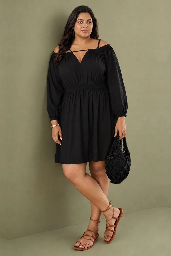 Black Cotton Cold Shoulder Short Dress 2