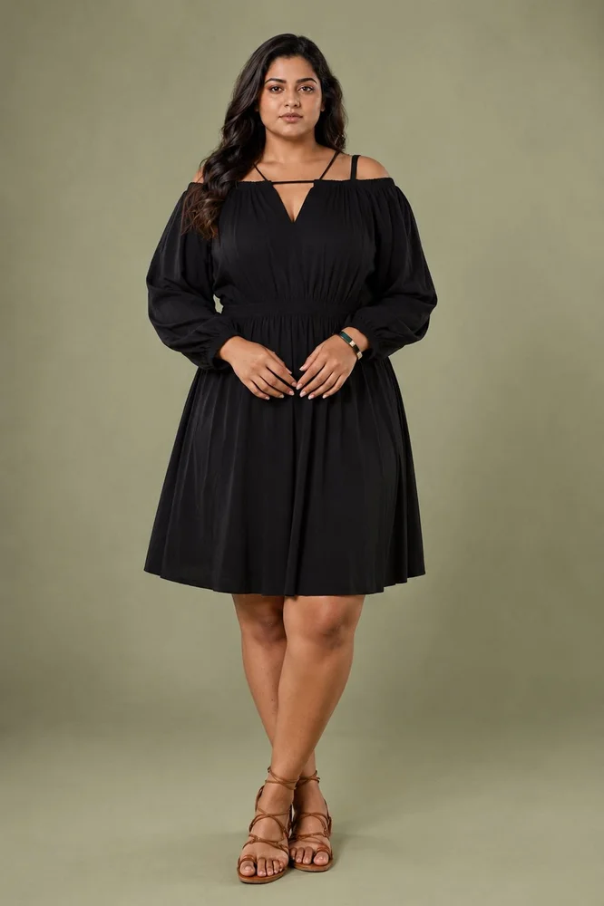 Black Cotton Cold Shoulder Short Dress