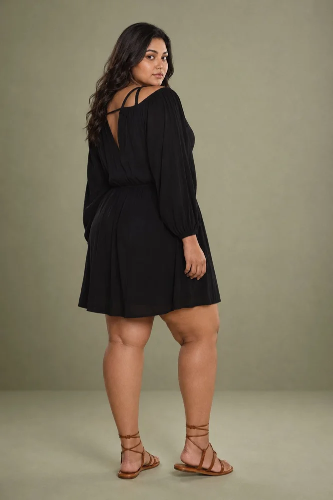 Black Cotton Cold Shoulder Short Dress 5