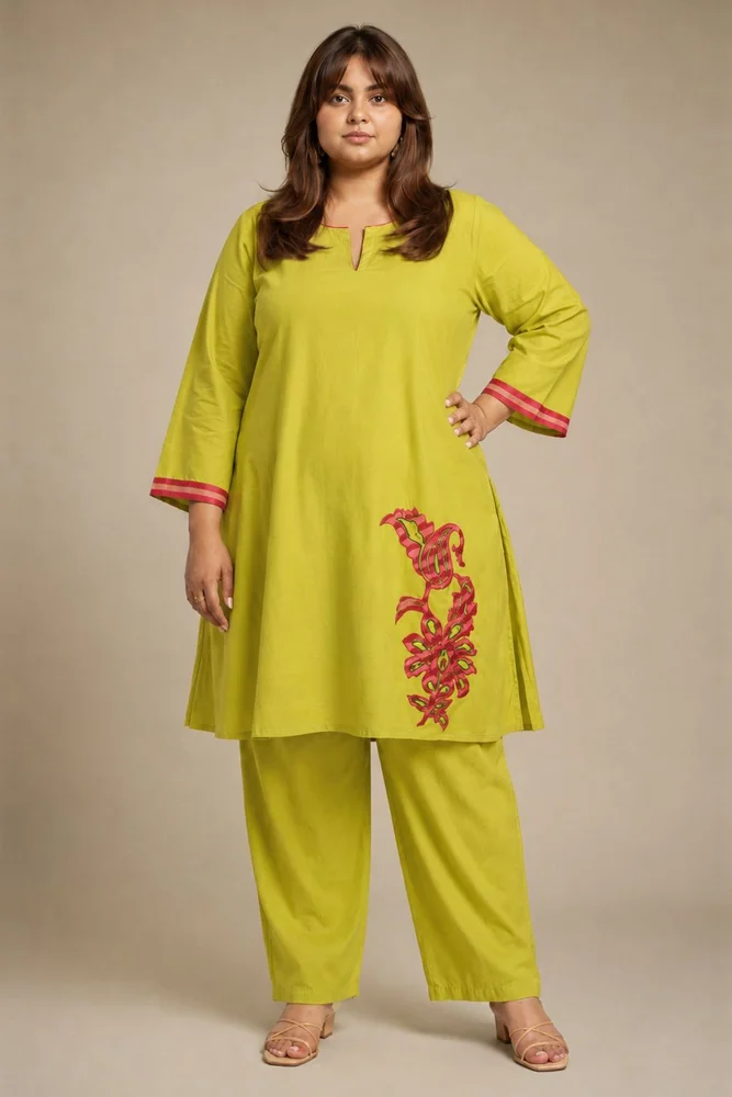 Lemon Short Kurta With Embroidery Paired With Matching Pants With Curved Hemline 2