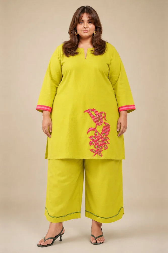 Lemon Short Kurta With Embroidery Paired With Matching Pants With Curved Hemline