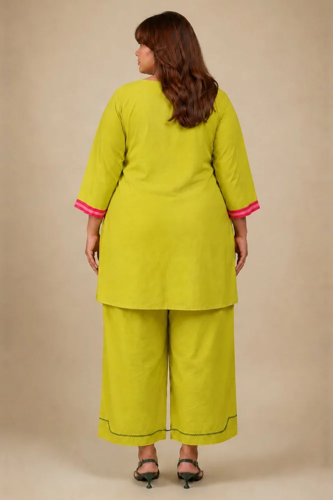 Lemon Short Kurta With Embroidery Paired With Matching Pants With Curved Hemline 5