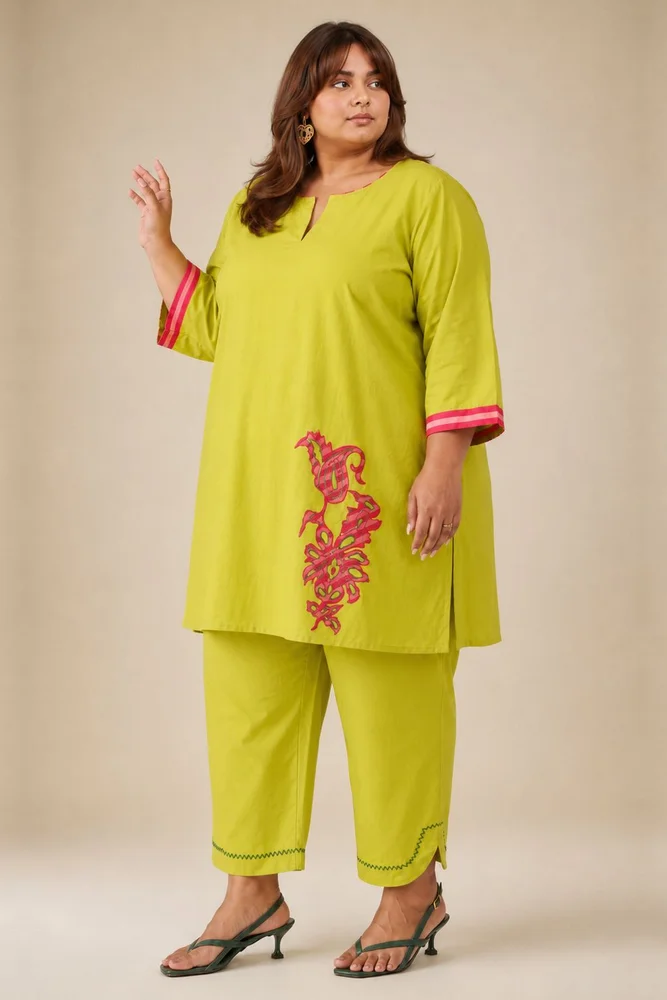 Lemon Short Kurta With Embroidery Paired With Matching Pants With Curved Hemline 3