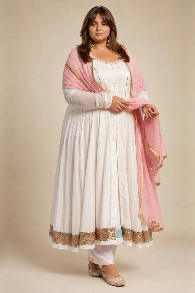 Off-White Chanderi Ethnic Anarkali Set with Pink Kota Dupatta 4
