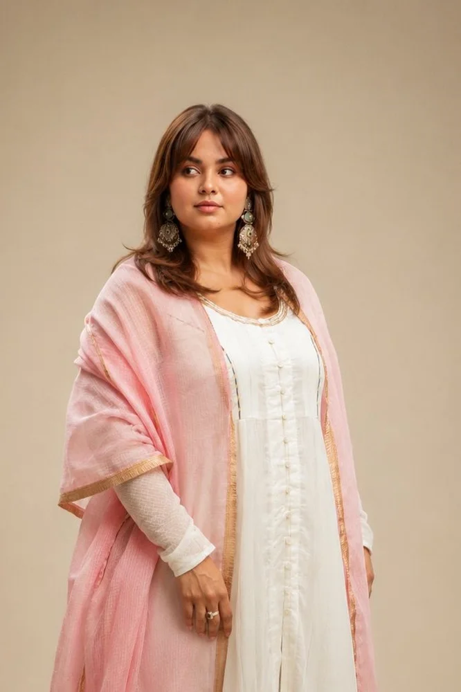Off-White Chanderi Ethnic Anarkali Set with Pink Kota Dupatta 6