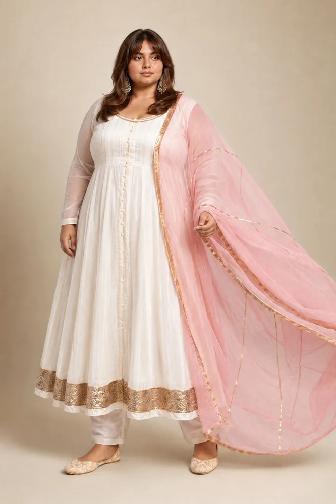 Off-White Chanderi Ethnic Anarkali Set with Pink Kota Dupatta