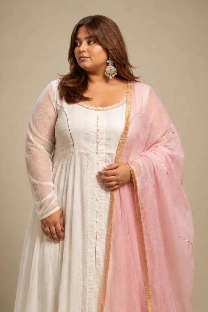 Off-White Chanderi Ethnic Anarkali Set with Pink Kota Dupatta 2