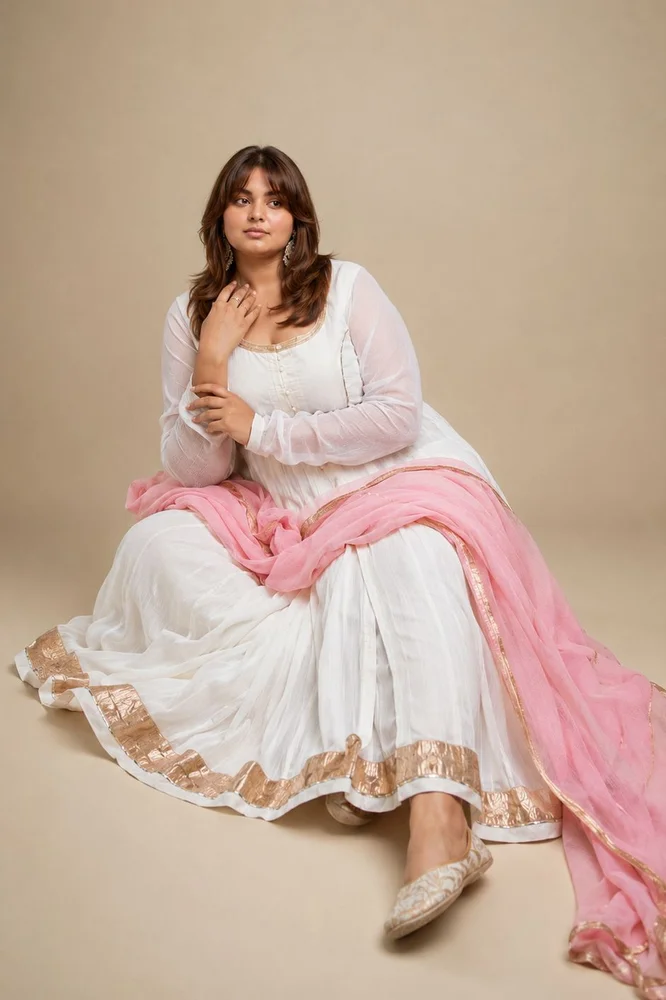 Off-White Chanderi Ethnic Anarkali Set with Pink Kota Dupatta 7