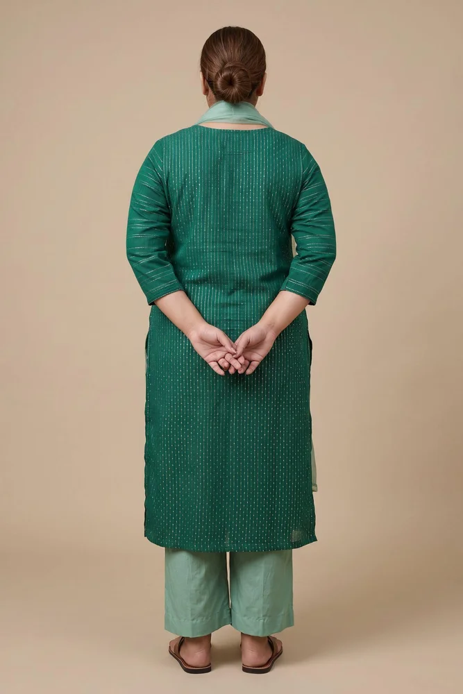 Green Cotton Lurex Ethnic Kurta Set with Organza Dupatta 4