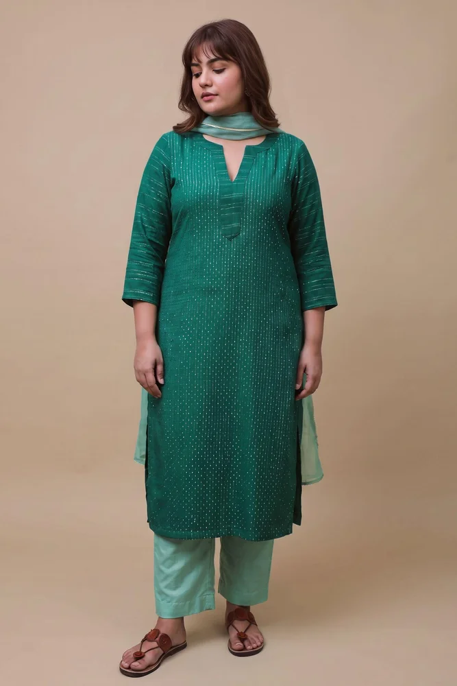 Green Cotton Lurex Ethnic Kurta Set with Organza Dupatta