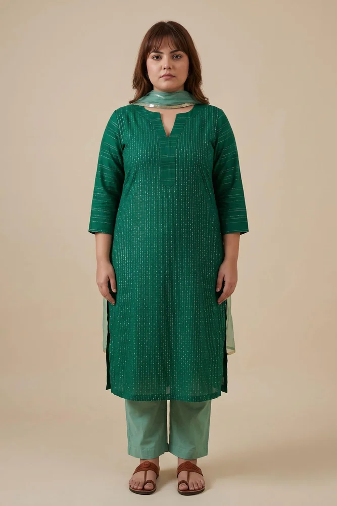 Green Cotton Lurex Ethnic Kurta Set with Organza Dupatta 5
