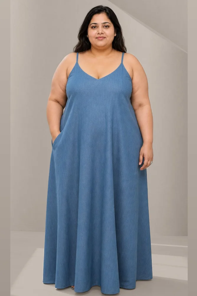 MAYA Medium Blue Denim Maxi Dress