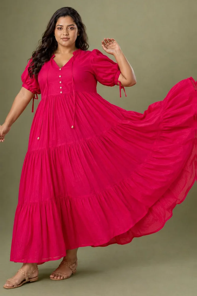Fuchsia Flared Cotton Voile Maxi Dress 3