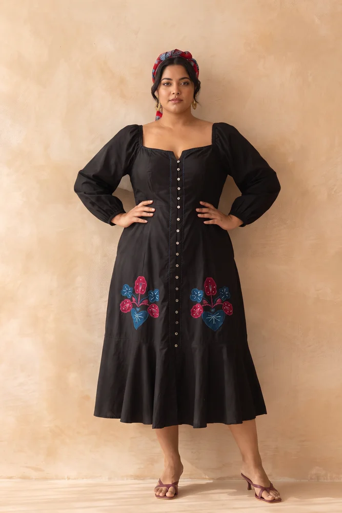 Midnight : Black Cotton Midi Dress for Women with Embroidered Floral Details 5