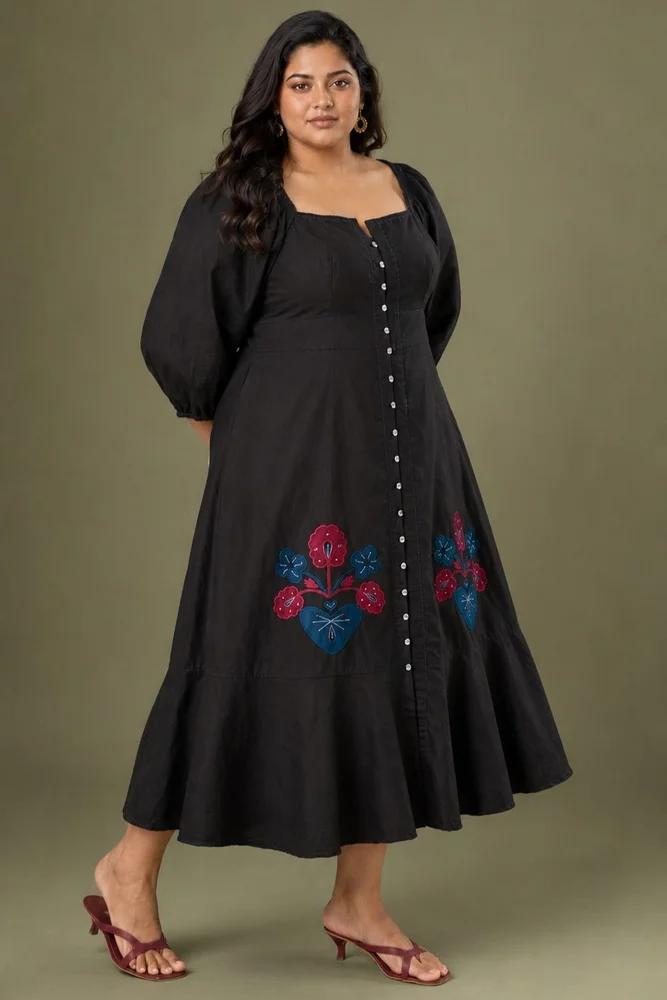 Midnight : Black Cotton Midi Dress for Women with Embroidered Floral Details