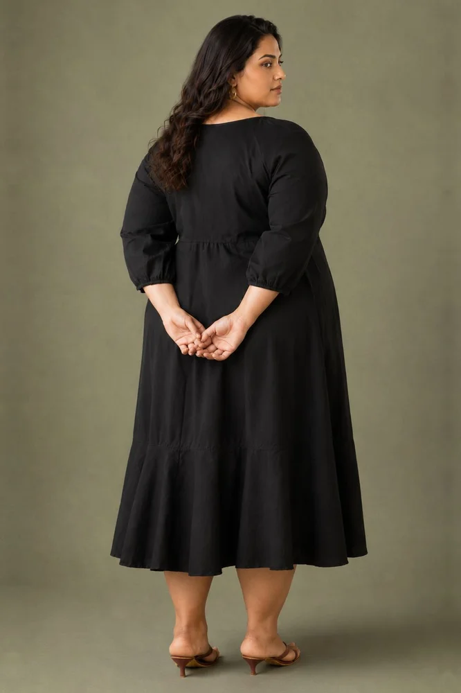 Midnight : Black Cotton Midi Dress for Women with Embroidered Floral Details 2
