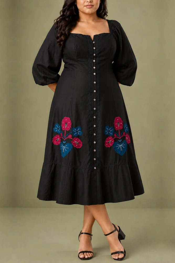 Midnight : Black Cotton Midi Dress for Women with Embroidered Floral Details 4