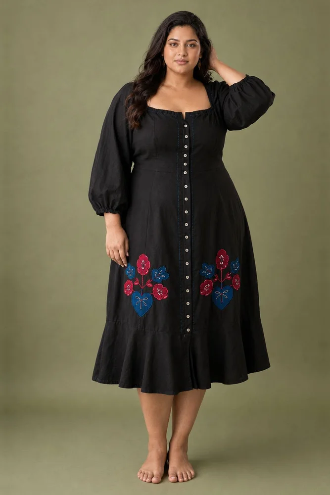 Midnight : Black Cotton Midi Dress for Women with Embroidered Floral Details 3