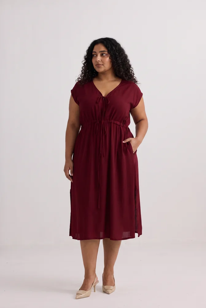 Deep V-neck Gathered Dress in Burgundy
