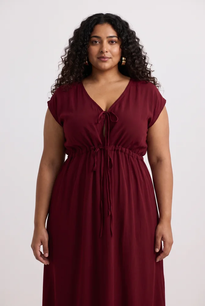 Deep V-neck Gathered Dress in Burgundy 5