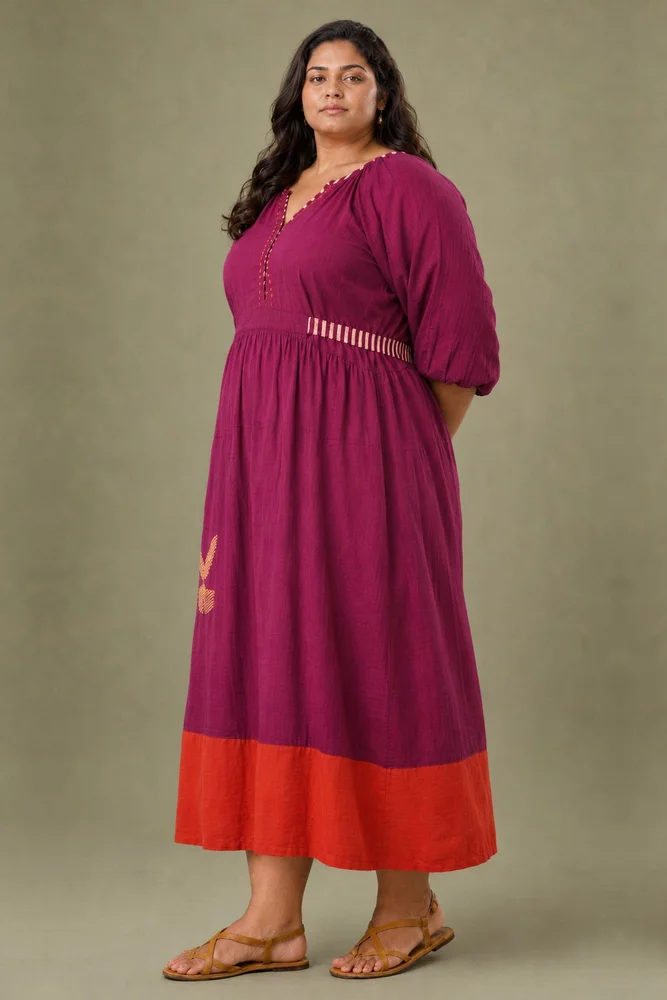 Purple Cotton Embroidered Maxi Dress with Balloon Sleeves 4