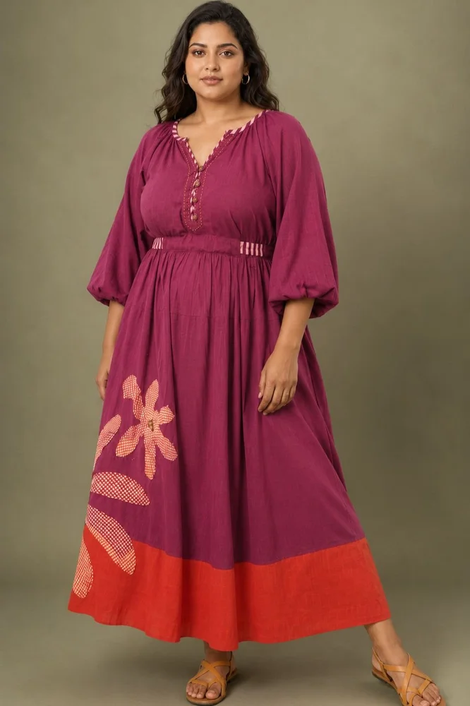 Purple Cotton Embroidered Maxi Dress with Balloon Sleeves